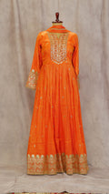 Pink & Red Bandhani Anarkali Suit with Golden Border Dupatta