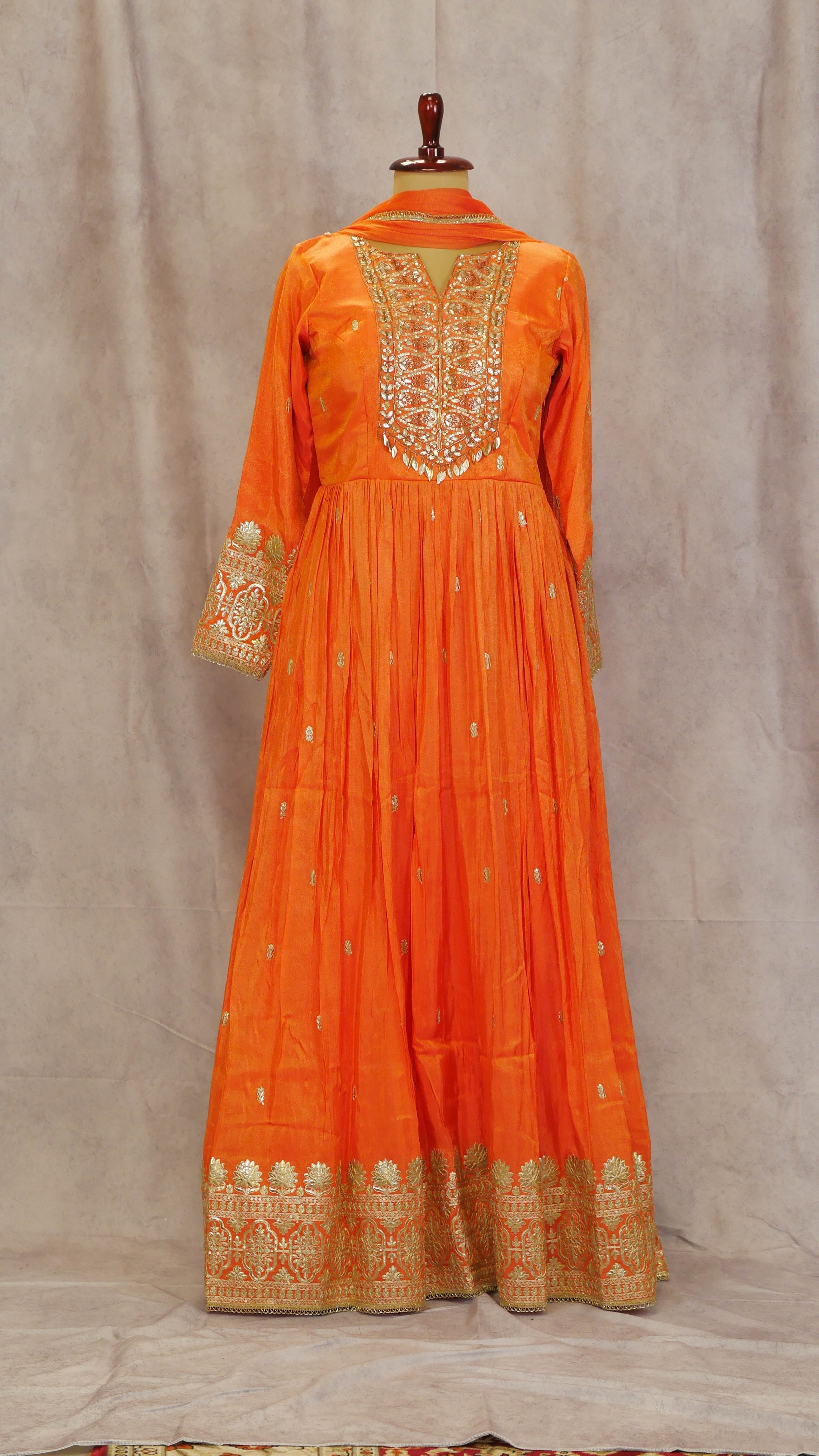 Pink & Red Bandhani Anarkali Suit with Golden Border Dupatta