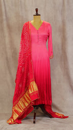 Pink & Red Bandhani Anarkali Suit with Golden Border Dupatta