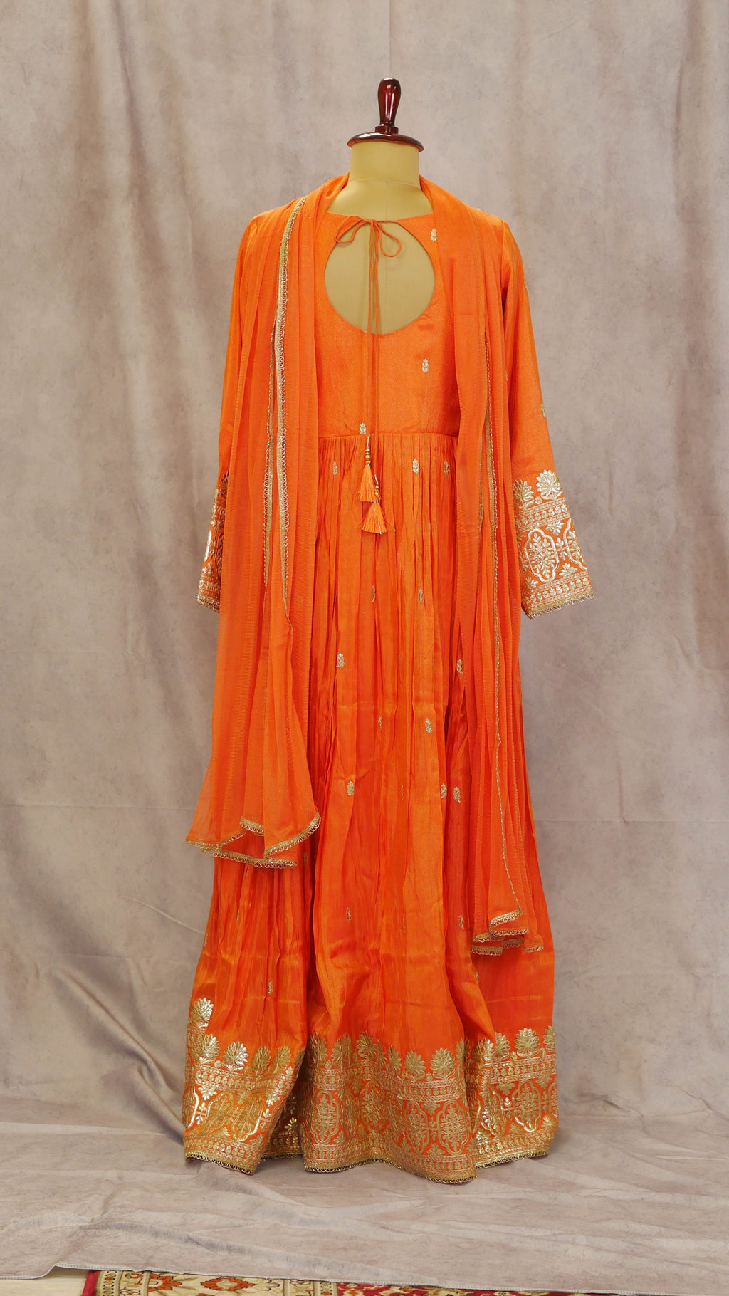 Pink & Red Bandhani Anarkali Suit with Golden Border Dupatta
