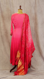 Pink & Red Bandhani Anarkali Suit with Golden Border Dupatta