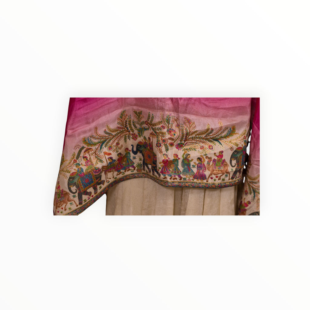 Zari Designs Anarkali featuring a pink ombre dupatta with intricate multi-colored traditional Indian embroidery