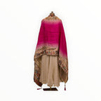 Zari Designs Anarkali dress featuring a cream skirt and a vibrant pink ombre dupatta with intricate folk art borders