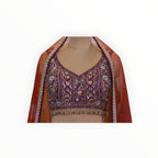Zari Designs Banarsi Lehnga featuring a deep purple embroidered blouse with intricate beadwork and a red dupatta.