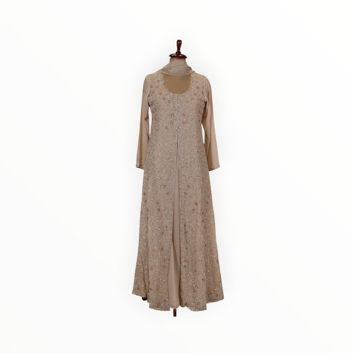 Zari Designs beige georgette Anarkali gown with intricate silver embroidery and long sleeves on a mannequin