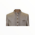 Zari Designs traditional Indo-Western men's beige sherwani with intricate floral embroidery and metallic buttons