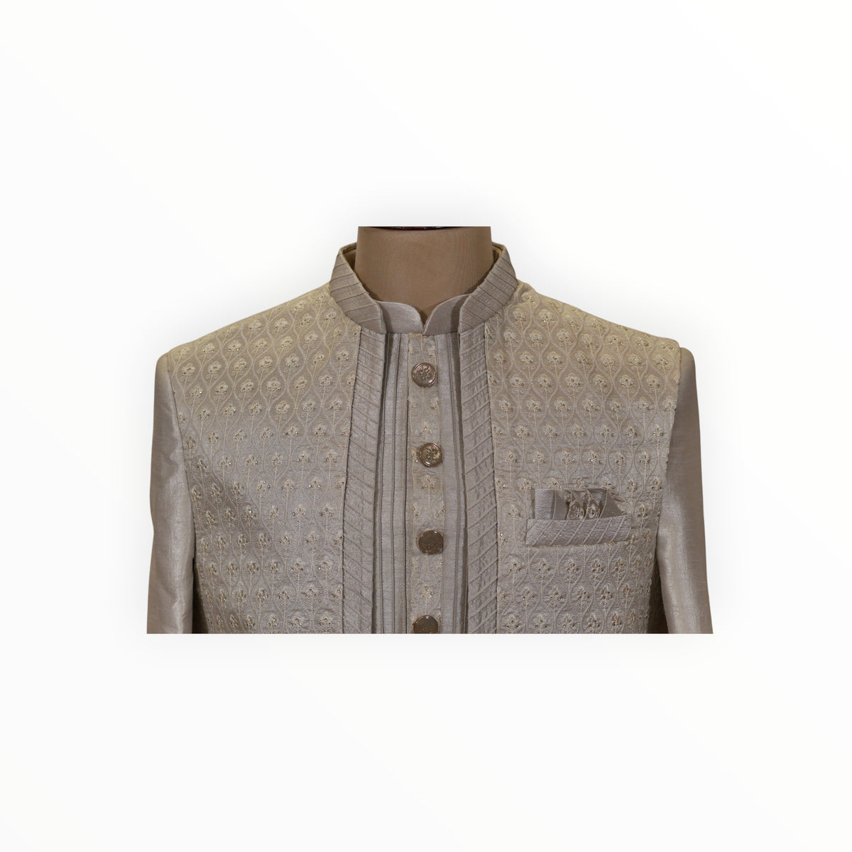 Zari Designs traditional Indo-Western men's beige sherwani with intricate floral embroidery and metallic buttons