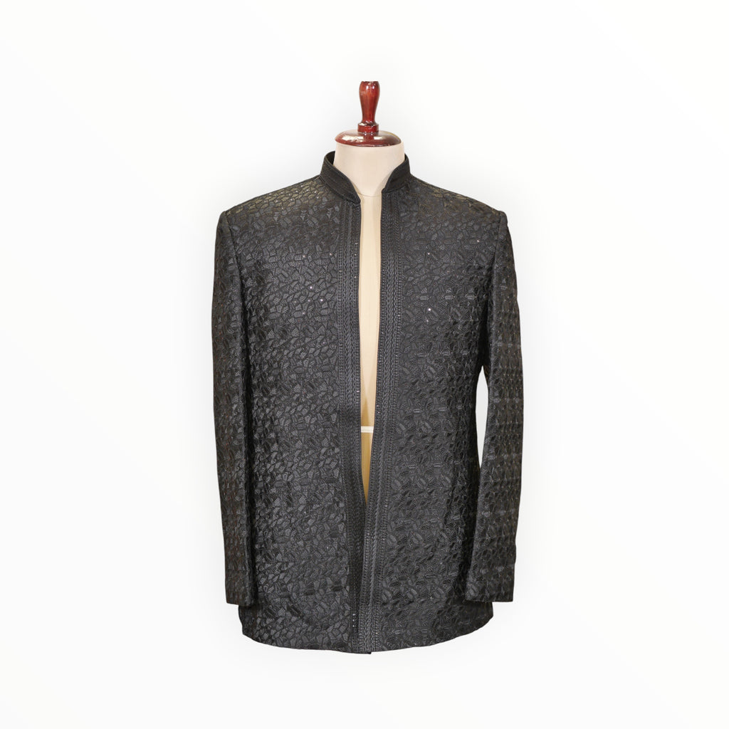 Zari Designs black Indo-Western men's jacket featuring intricate textured embroidery and a mandarin collar
