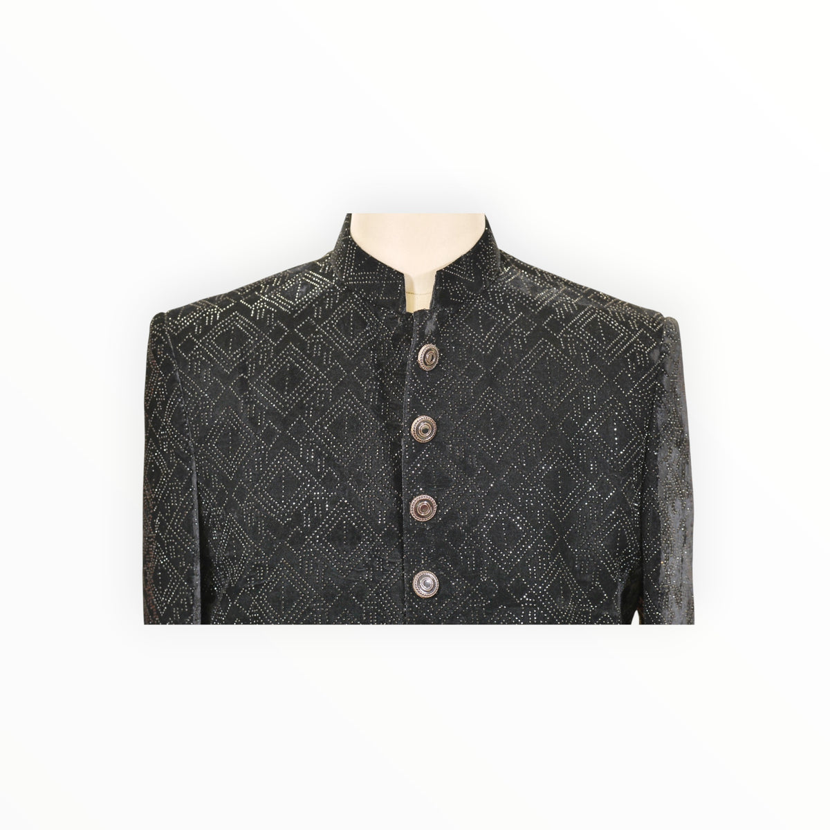 Zari Designs black velvet Indo-Western men's jacket with intricate diamond embroidery and metallic buttons