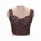 Zari Designs brown corset-style blouse with intricate floral beadwork and sequin embroidery on a mannequin