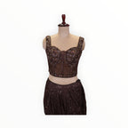 Zari Designs dark brown ready-to-wear saree featuring a corset-style blouse with intricate bead and sequin embroidery.