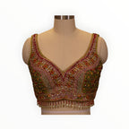 Zari Designs Carnival Lehnga blouse featuring intricate multi-colored floral embroidery, beadwork, and pearl fringe.