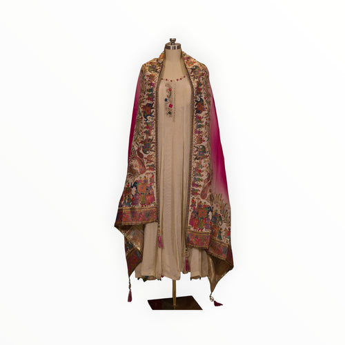 Zari Designs cream Anarkali dress with a vibrant multi-colored embroidered dupatta featuring elephant motifs