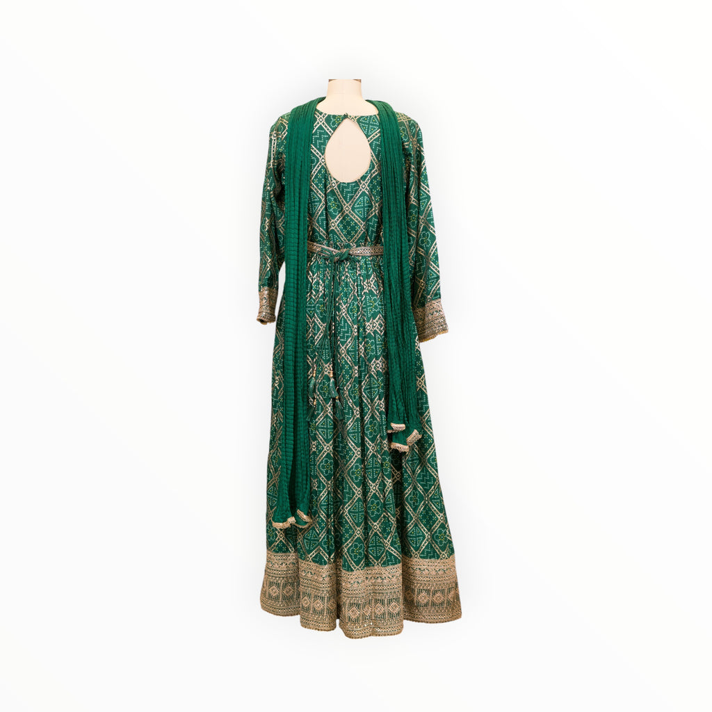 Zari Designs emerald green Anarkali dress with intricate gold geometric patterns, keyhole back, and matching dupatta.