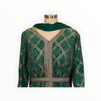 Zari Designs emerald green Anarkali dress with gold geometric bandhani print and intricate mirror work embroidery.
