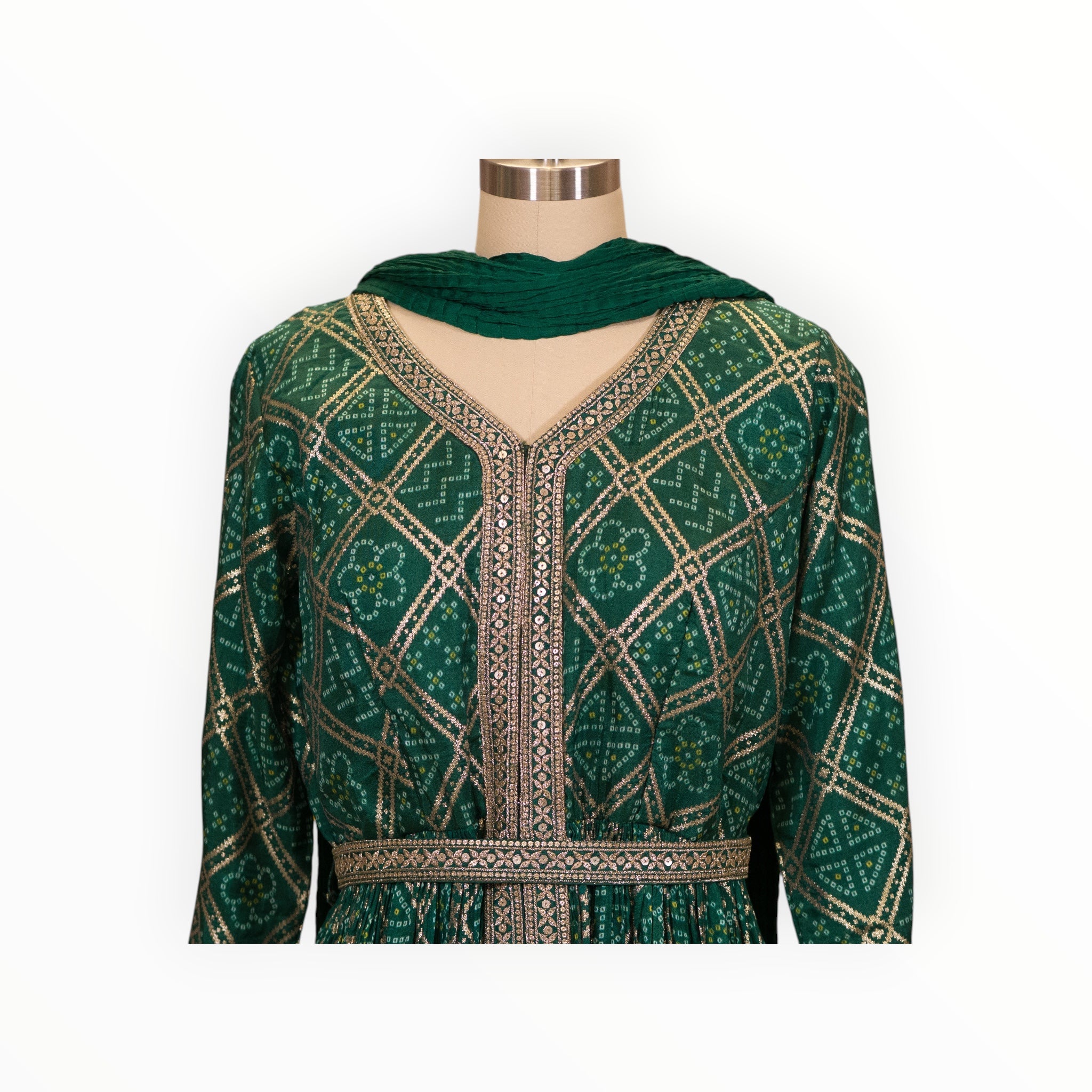 Zari Designs emerald green Anarkali dress with gold geometric bandhani print and intricate mirror work embroidery.