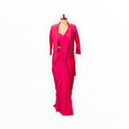 Zari Designs fuchsia pink Indo-Western saree with a matching embellished jacket on a mannequin