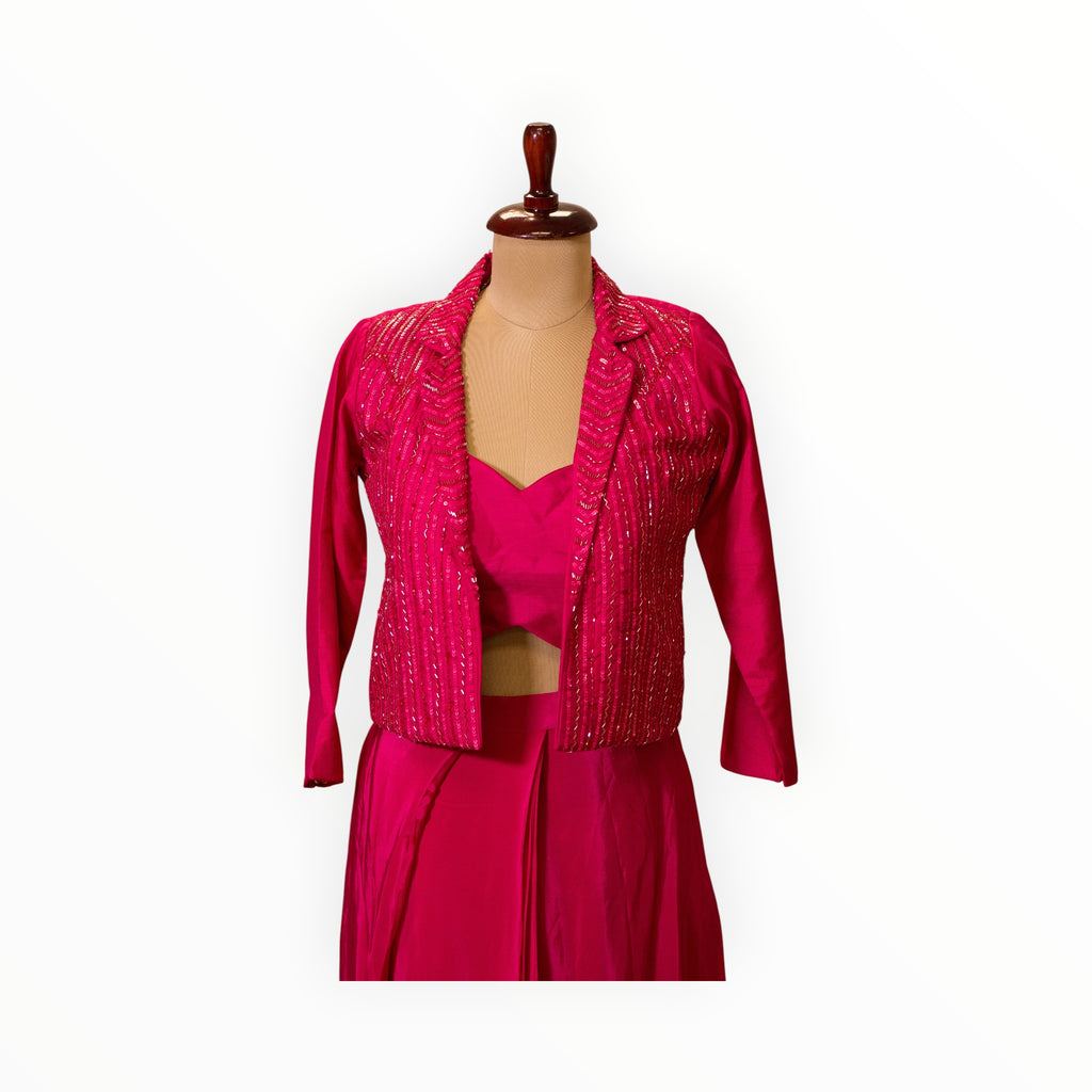 Zari Designs fuchsia pink Indo-Western jacket with intricate sequin embroidery on a mannequin