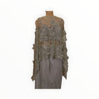 Zari Designs grey crepe Indo Western outfit featuring a sheer cape with intricate floral beadwork and embroidery.