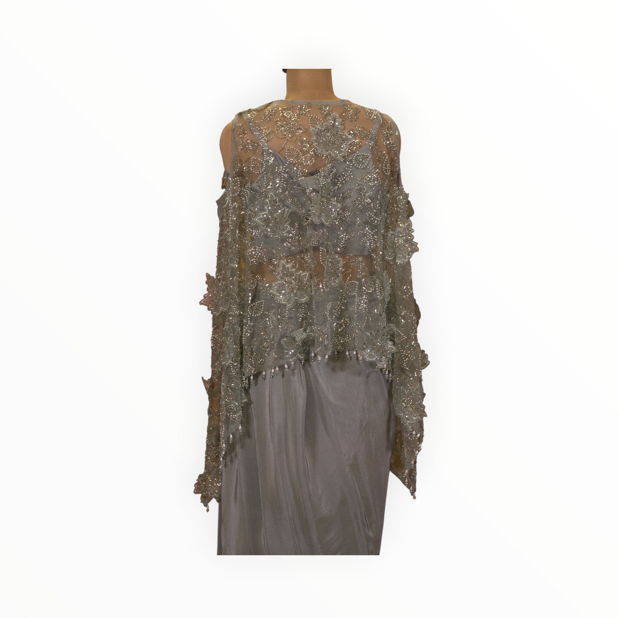 Zari Designs grey crepe Indo Western outfit featuring a sheer cape with intricate floral beadwork and embroidery.