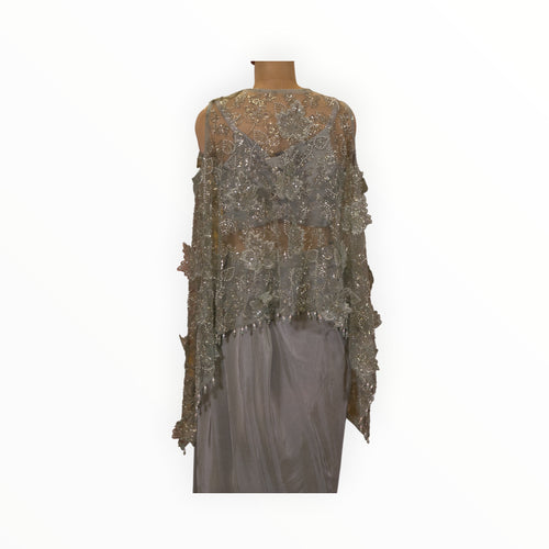 Zari Designs grey crepe Indo Western outfit featuring a sheer cape with intricate floral beadwork and embroidery.