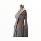 Zari Designs grey georgette ready drape saree with silver embroidered blouse and beaded shoulder detail on mannequin