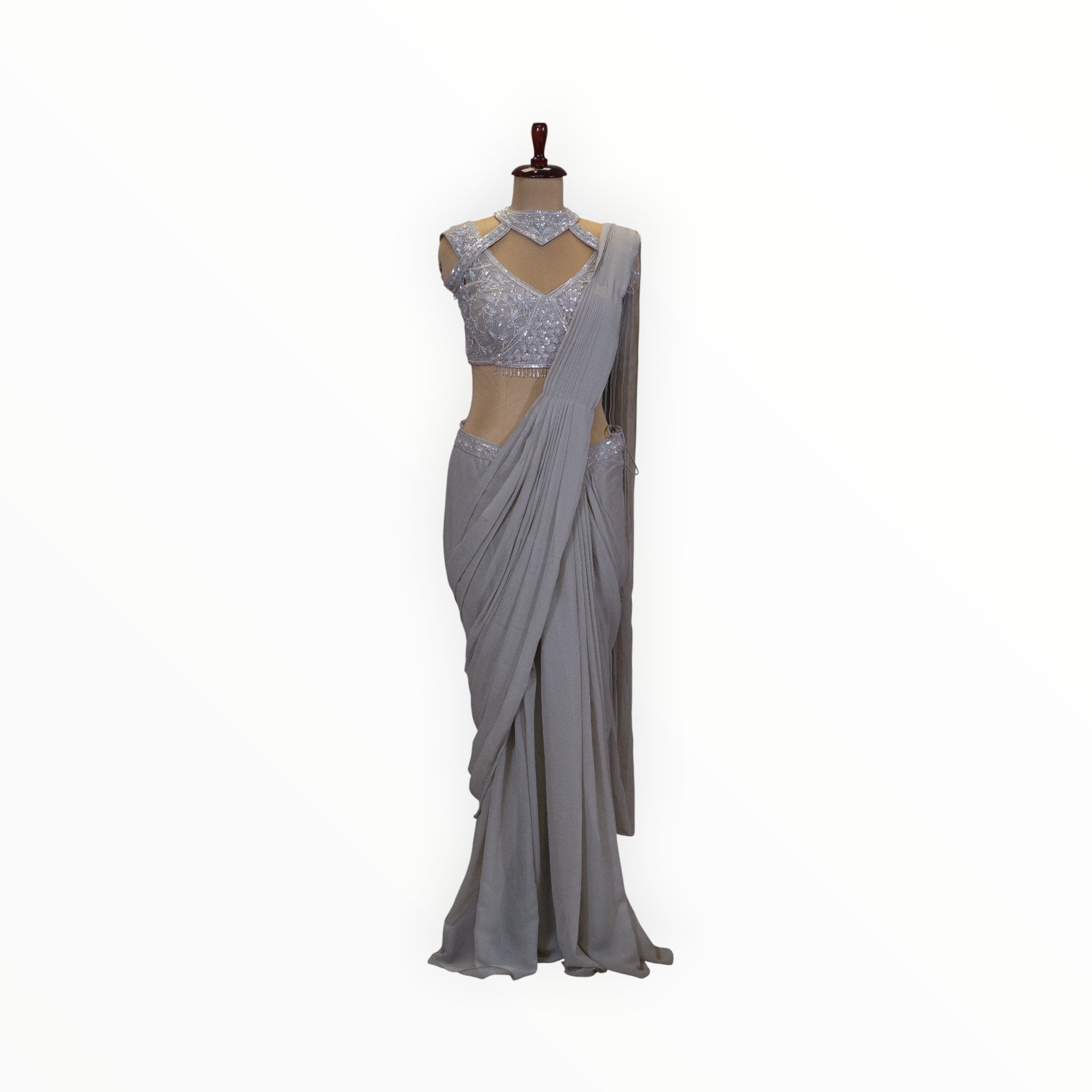 Zari Designs grey georgette ready drape saree with a heavily embellished silver sequin sleeveless blouse