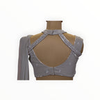 Zari Designs grey georgette ready drape saree blouse with intricate silver embroidery and a stylish cutout back