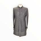 Zari Designs men's grey Indo-Western sherwani featuring intricate geometric embroidery and sequin embellishments