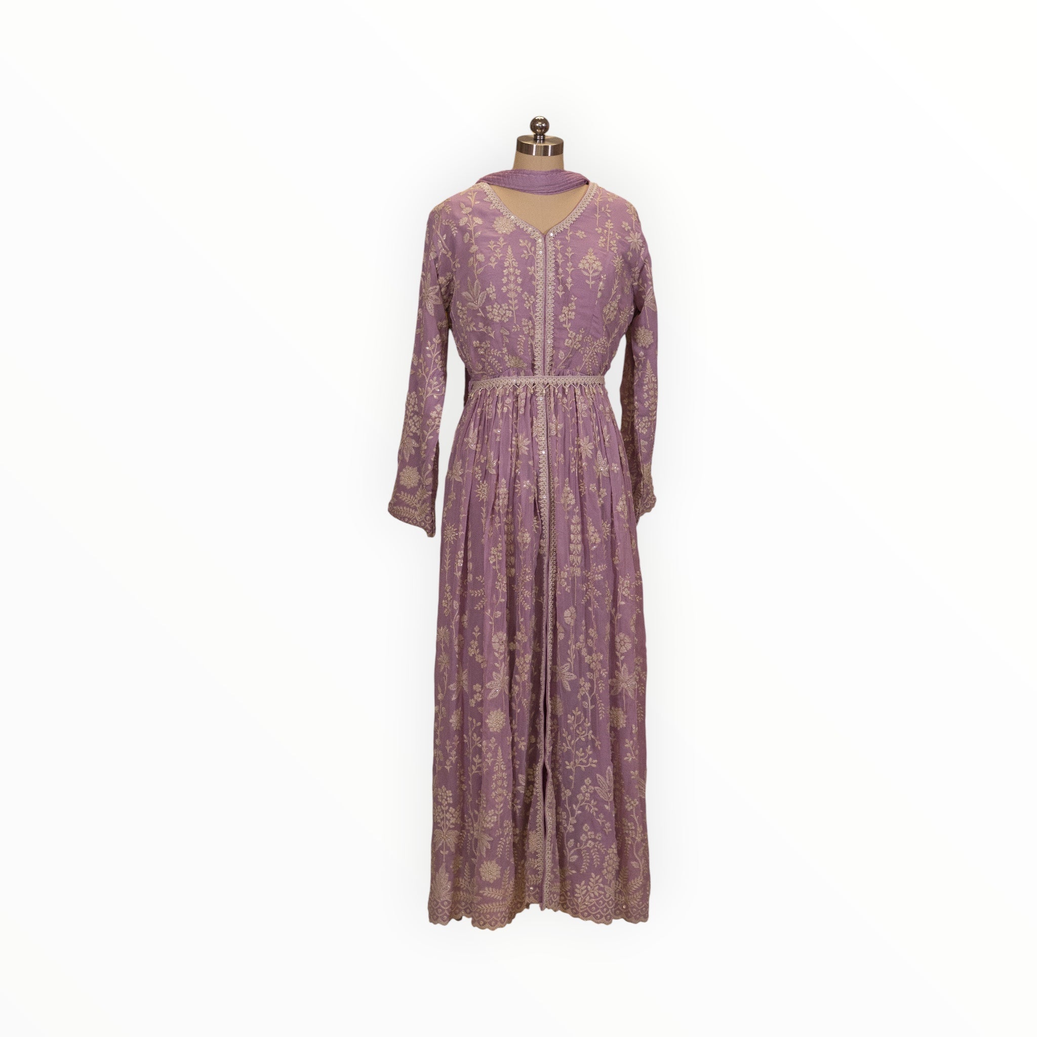 Zari Designs lavender Anarkali dress with intricate white floral embroidery and a matching scarf on a mannequin