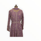 Zari Designs lavender Anarkali dress featuring intricate white floral embroidery, lace trim, and a matching dupatta.