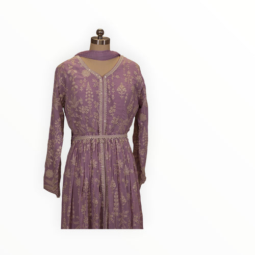 Zari Designs lavender Anarkali dress featuring intricate white floral embroidery, lace trim, and a matching dupatta.