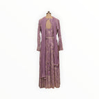 Zari Designs lavender Anarkali dress with white floral embroidery, long sleeves, and a teardrop back cutout