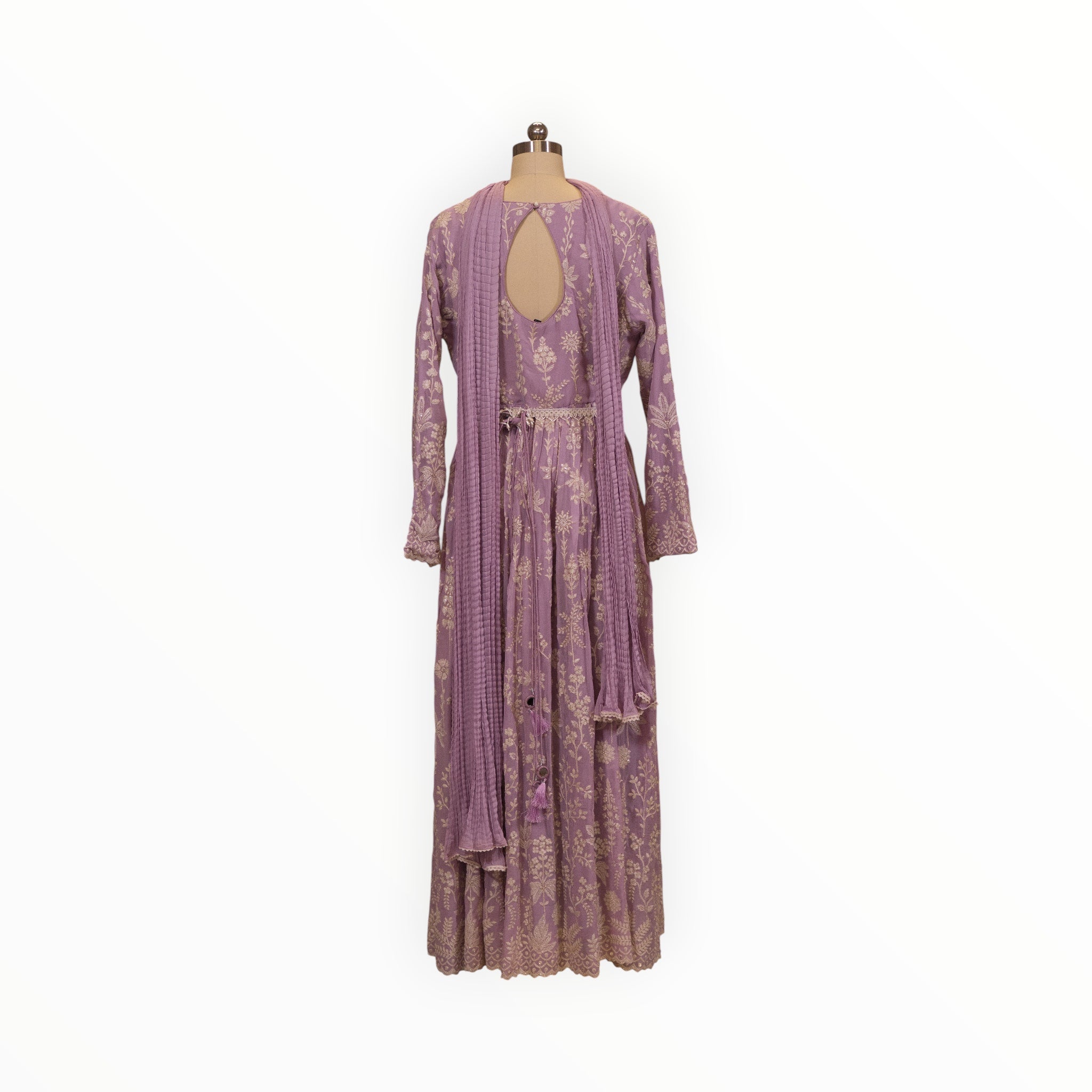 Zari Designs lavender Anarkali dress with white floral embroidery, long sleeves, and a teardrop back cutout