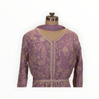 Zari Designs lavender Anarkali dress with intricate white floral embroidery and delicate sequin detailing on a mannequin