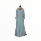 Zari Designs traditional light blue georgette gown with intricate silver embroidery and matching dupatta on mannequin