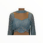 Zari Designs light blue Indo Western blouse with intricate silver sequin embroidery and long sheer sleeves