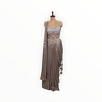 Zari Designs metallic silver ready-to-wear saree with a sequined corset blouse and draped skirt on a mannequin