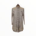 Zari Designs men's off-white Indo-Western sherwani with intricate embroidery, metallic buttons, and pocket square.