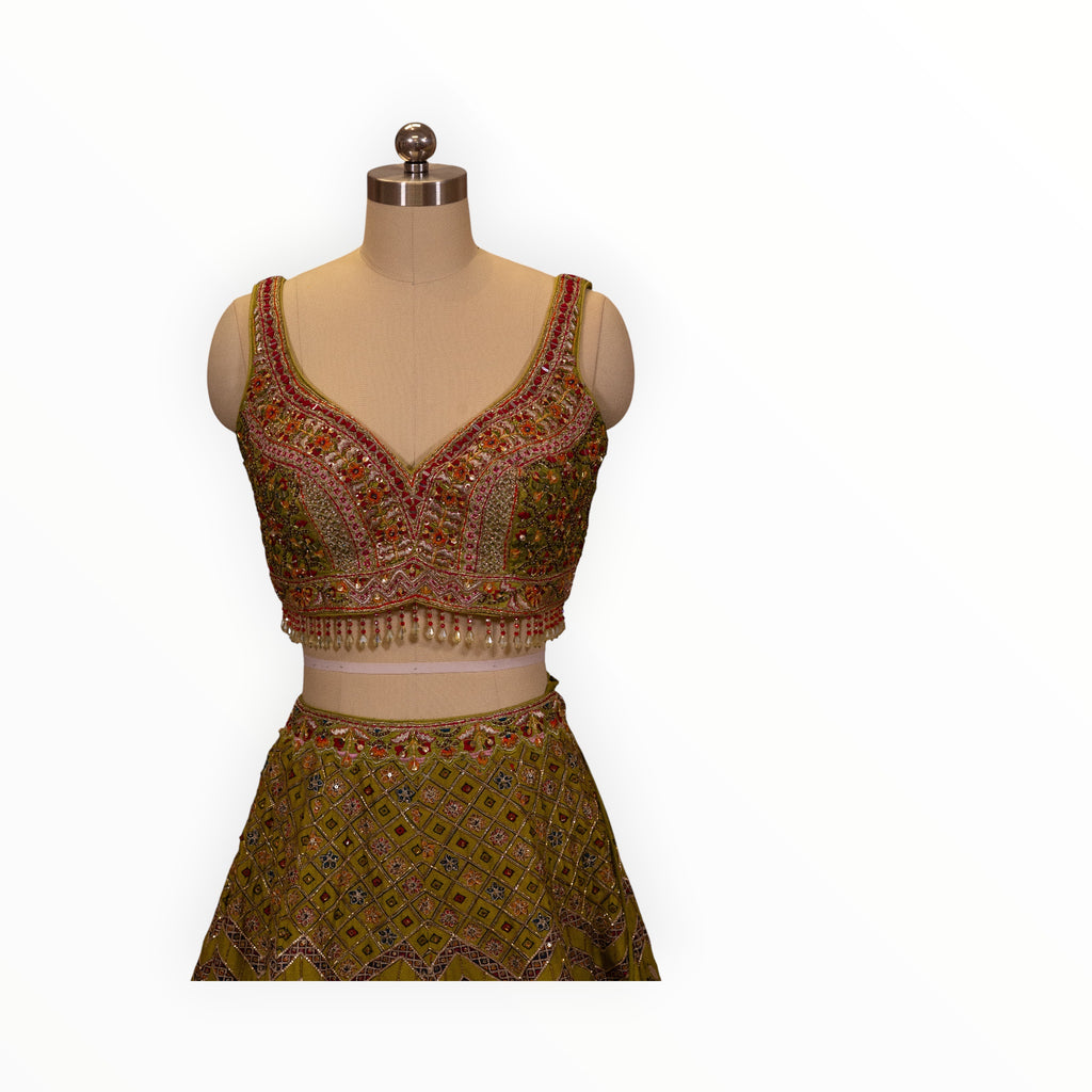 Zari Designs Carnival Lehnga featuring an olive green embroidered crop top with bead fringe and matching patterned skirt