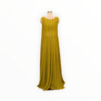 Zari Designs olive green sleeveless drape saree with vertical silver sequin stripes on a mannequin