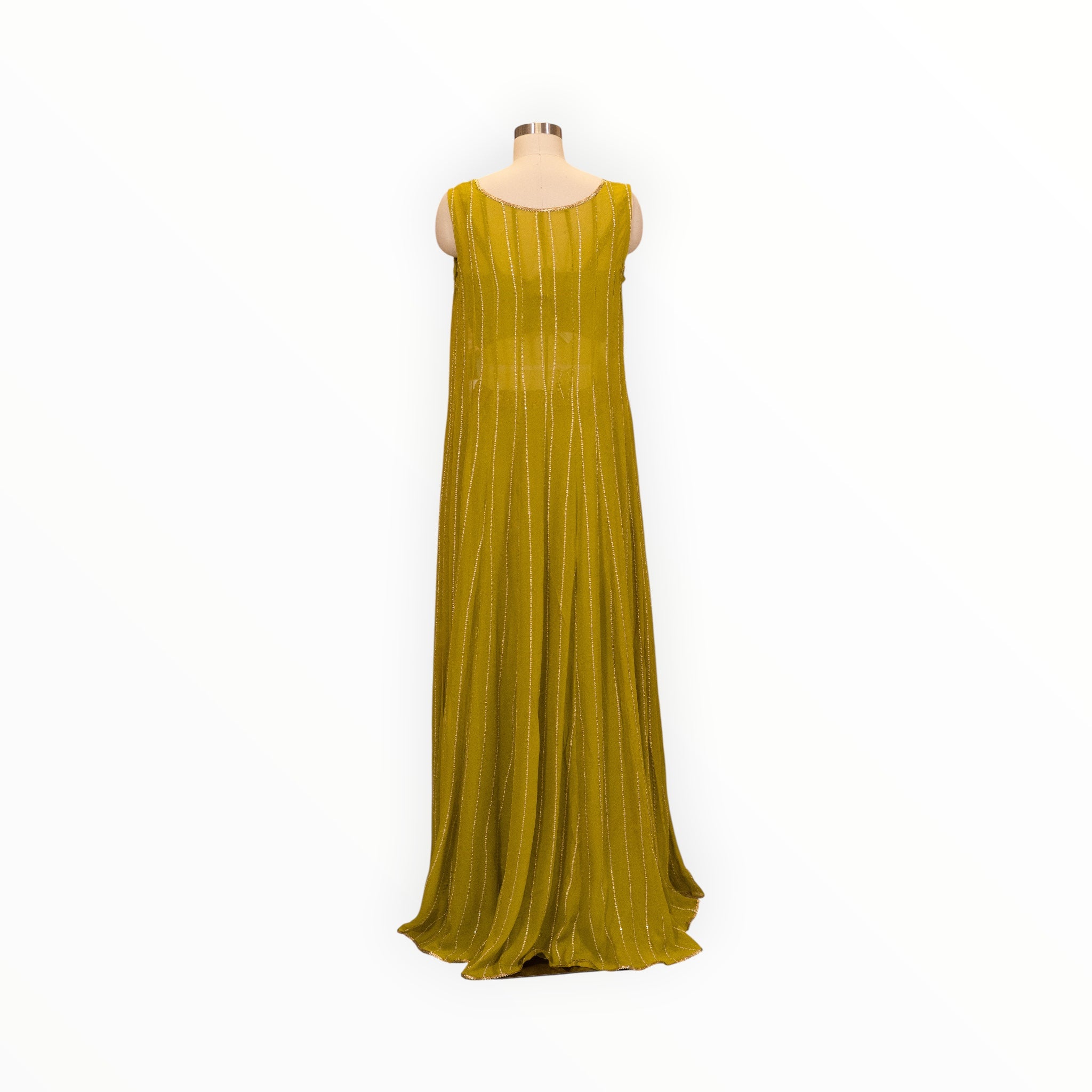 Zari Designs olive green sleeveless drape saree with vertical silver sequin stripes on a mannequin