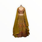 Zari Designs olive green carnival lehnga with intricate embroidery, sequin work, and a matching sheer dupatta on mannequin