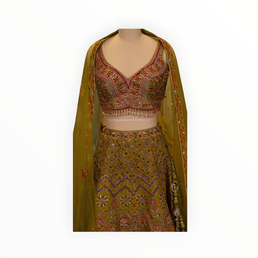 Zari Designs Carnival Lehnga in olive green with intricate floral embroidery, beadwork, and a matching sheer dupatta.