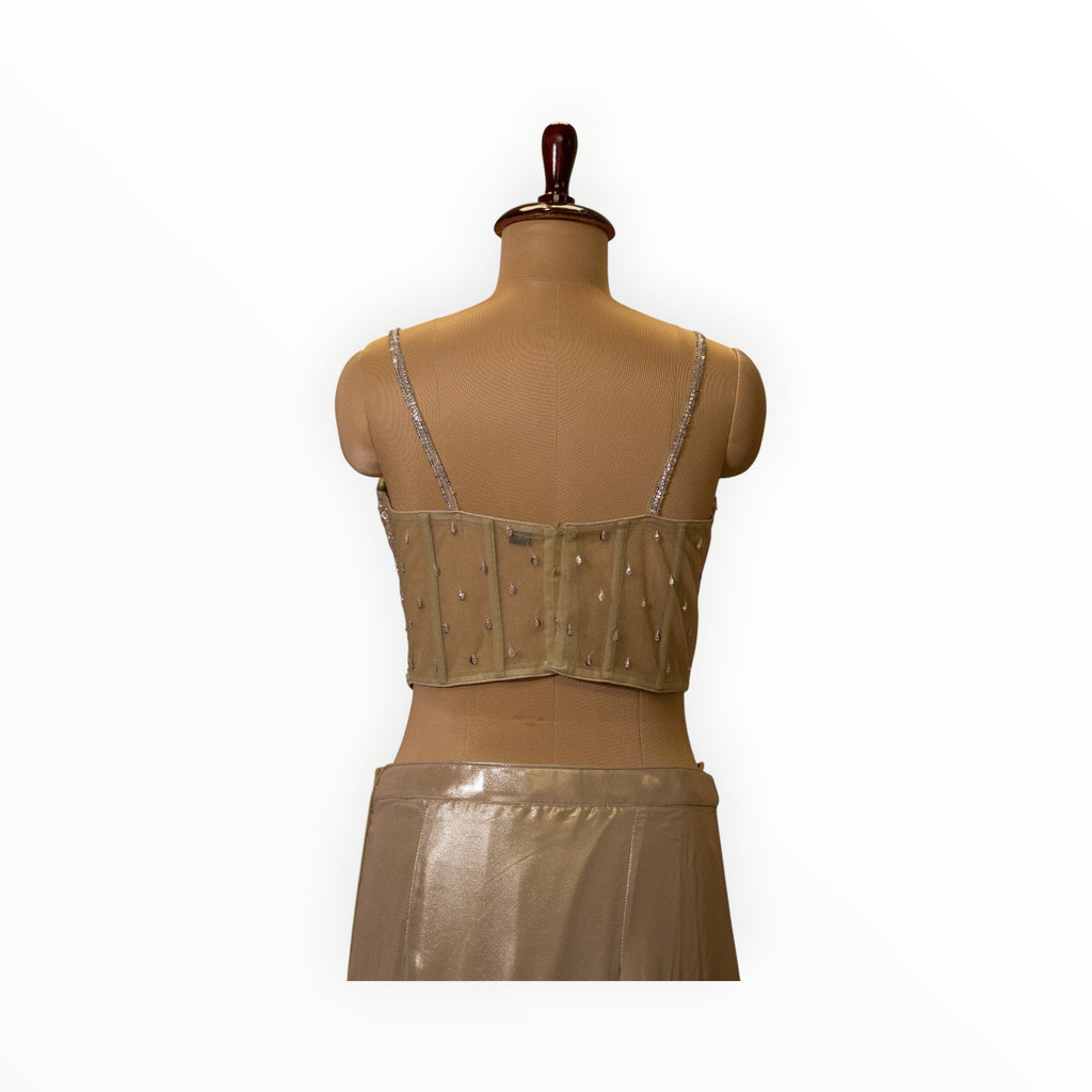Zari Designs ready saree blouse in olive green mesh with silver sequin embellishments and thin crystal straps