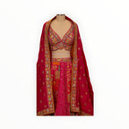 Zari Designs Carnival Lehnga featuring a vibrant pink embroidered blouse and skirt with intricate gold detailing.