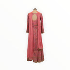 Zari Designs pink Anarkali dress with floral embroidery, back cutout, and matching dupatta on a mannequin