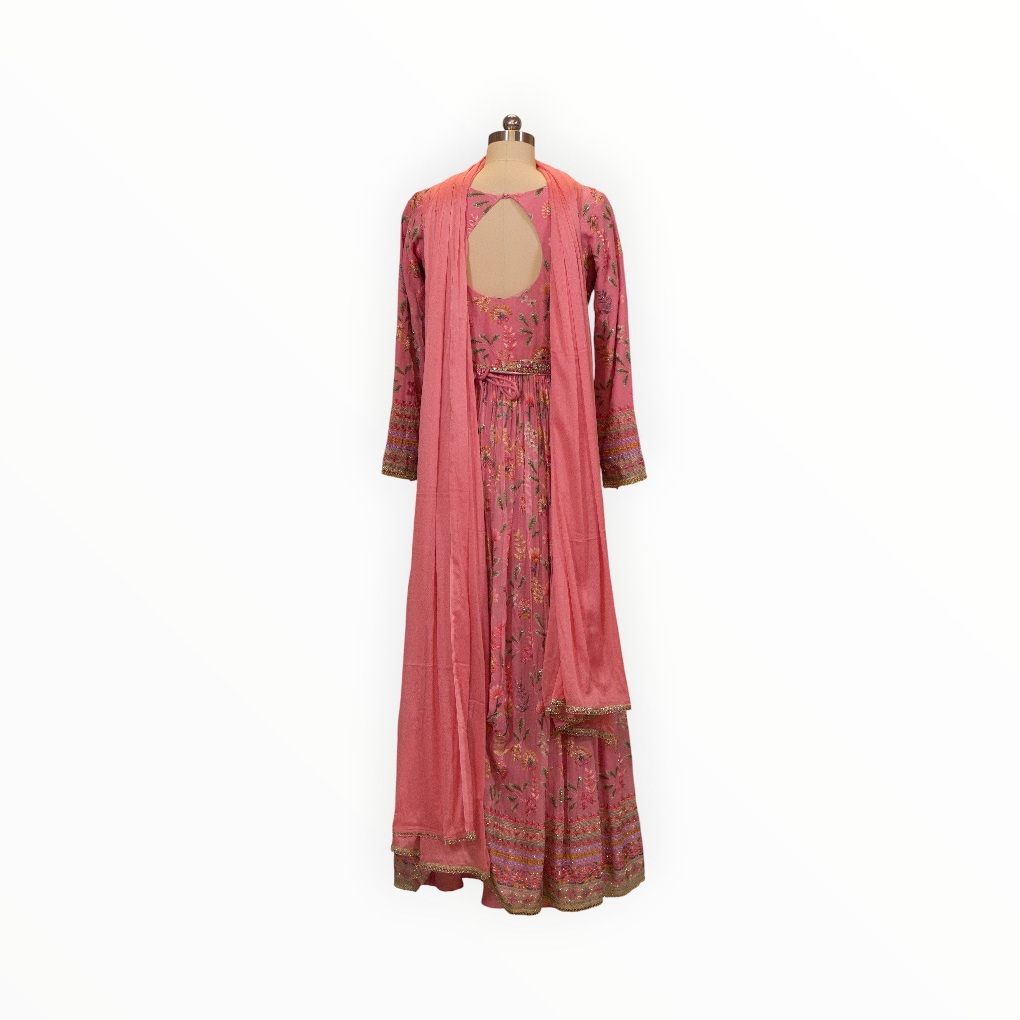 Zari Designs pink Anarkali dress with floral embroidery, back cutout, and matching dupatta on a mannequin