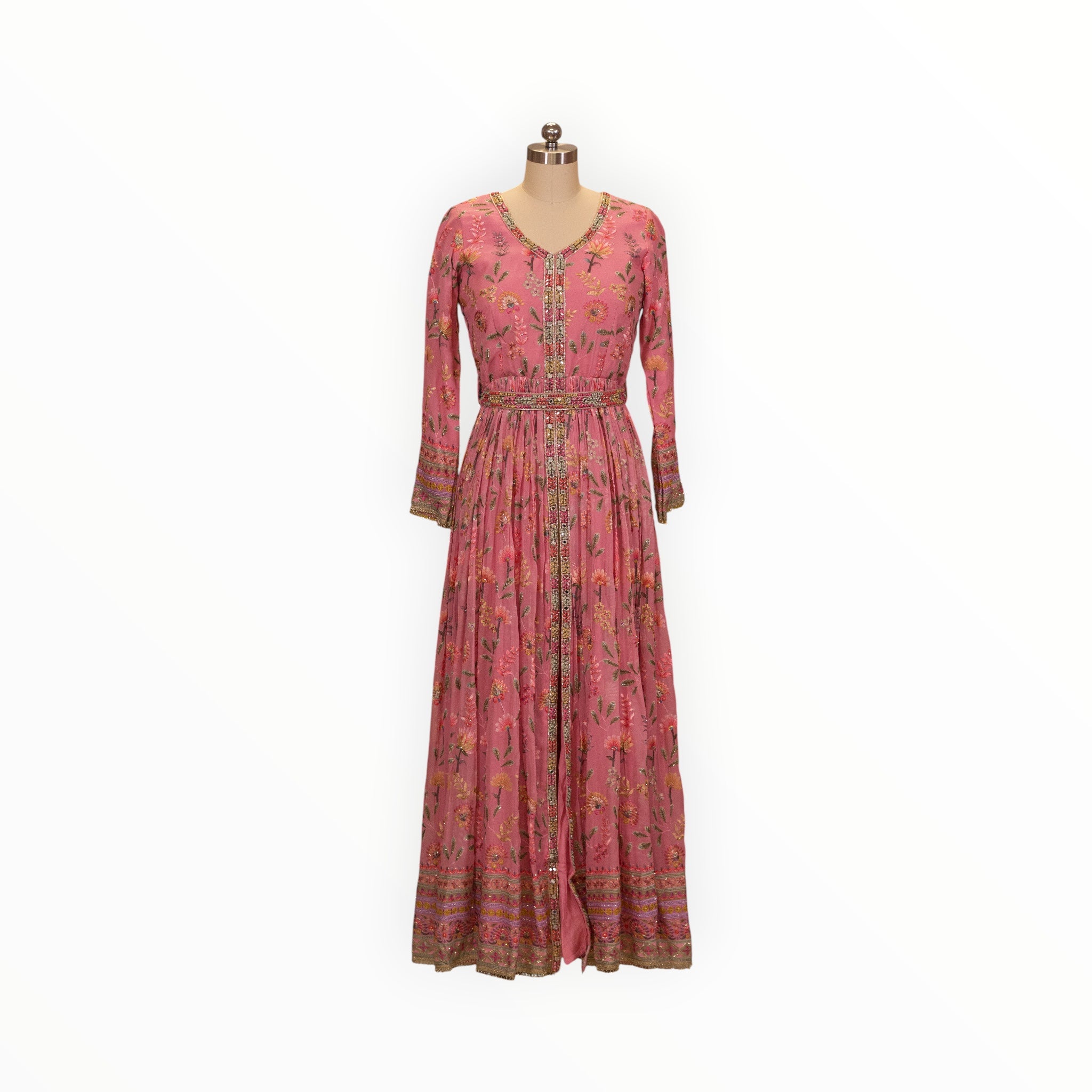 Zari Designs pink Anarkali dress with floral embroidery, long sleeves, and intricate beaded border detailing.