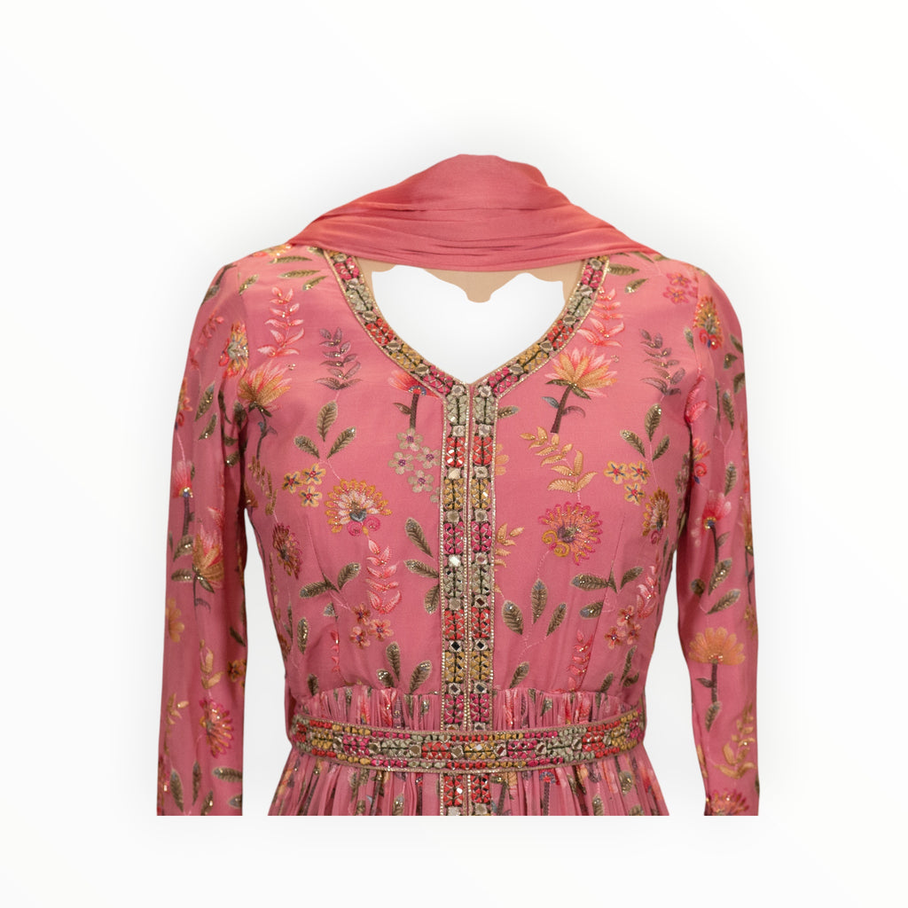 Zari Designs pink Anarkali dress with floral embroidery, mirror work, and a matching dupatta on a mannequin